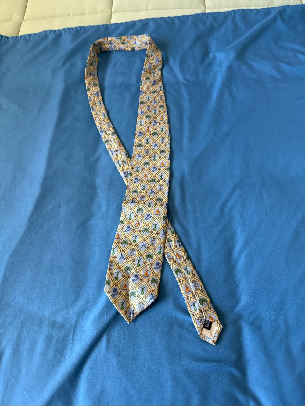 Men's Yellow Geometric Pattern Tie with Blue & Green Accents. Italy. 100% Silk.